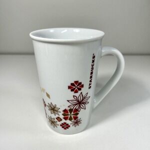 2013 STARBUCKS Snowflake Holiday Poinsettia Christmas Coffee Red Gold Mug 12 oz.